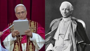 Papa Leão XIV à esquerda e Papa Leão XIII à direita