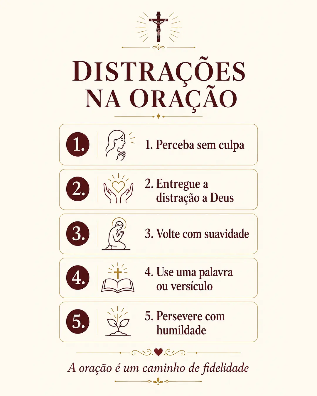 Infográfico com cinco passos para lidar com distrações na oração