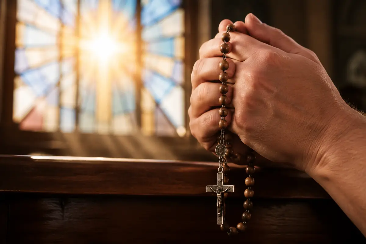 Mãos segurando um rosário católico durante uma oração em igreja iluminada