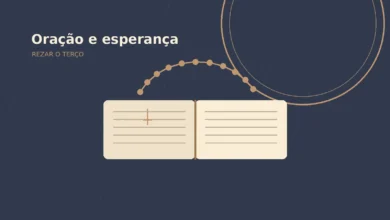 Ilustração de uma Bíblia aberta junto a um terço em ambiente sereno