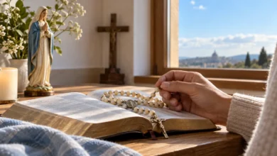por que repetir Ave-Maria Mão segurando um rosário sobre uma Bíblia aberta diante de uma cruz