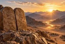 Tábuas dos Dez Mandamentos sobre uma montanha com caminho iluminado no deserto
