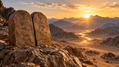 Tábuas dos Dez Mandamentos sobre uma montanha com caminho iluminado no deserto