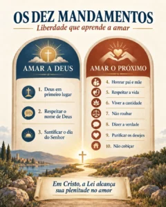 Infográfico dos Dez Mandamentos organizados entre amor a Deus e amor ao próximo