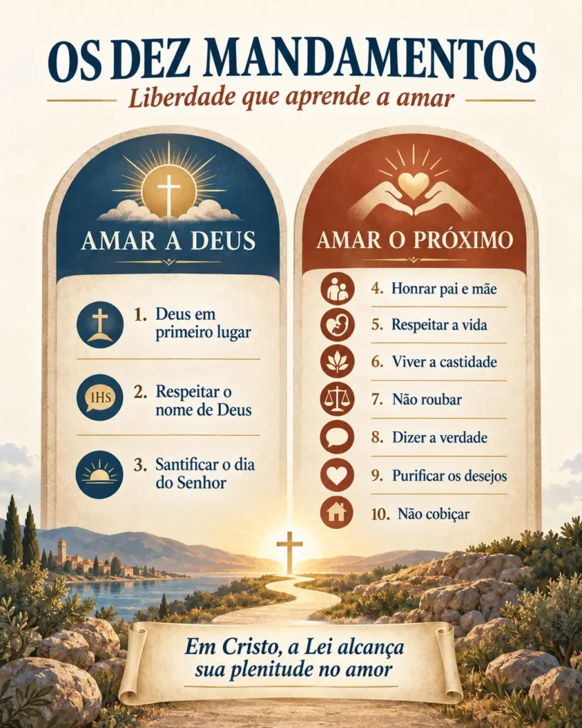 Infográfico dos Dez Mandamentos organizados entre amor a Deus e amor ao próximo