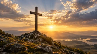 Cruz de Cristo sobre uma colina iluminada pelo sol nascente
