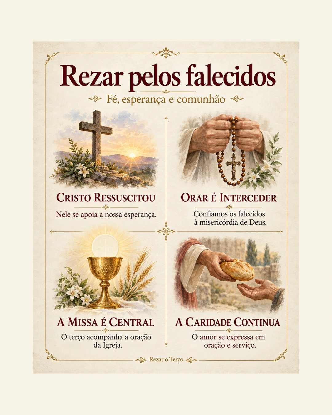 Infográfico: ressurreição de Cristo, intercessão pelos falecidos, centralidade da Missa e continuidade da caridade