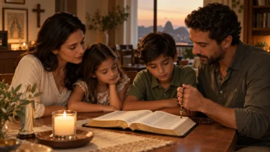 Família reunida à mesa em oração, com Bíblia aberta e terço