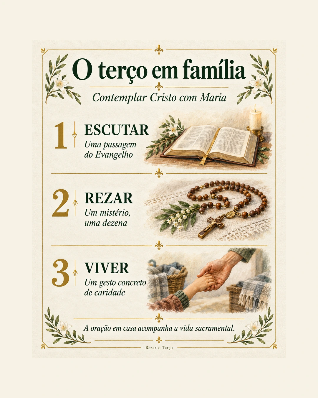 Infográfico sobre o terço em família: escutar o Evangelho, rezar uma dezena e viver a caridade