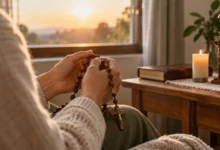 Pessoa rezando o terço pela manhã em um canto simples de oração
