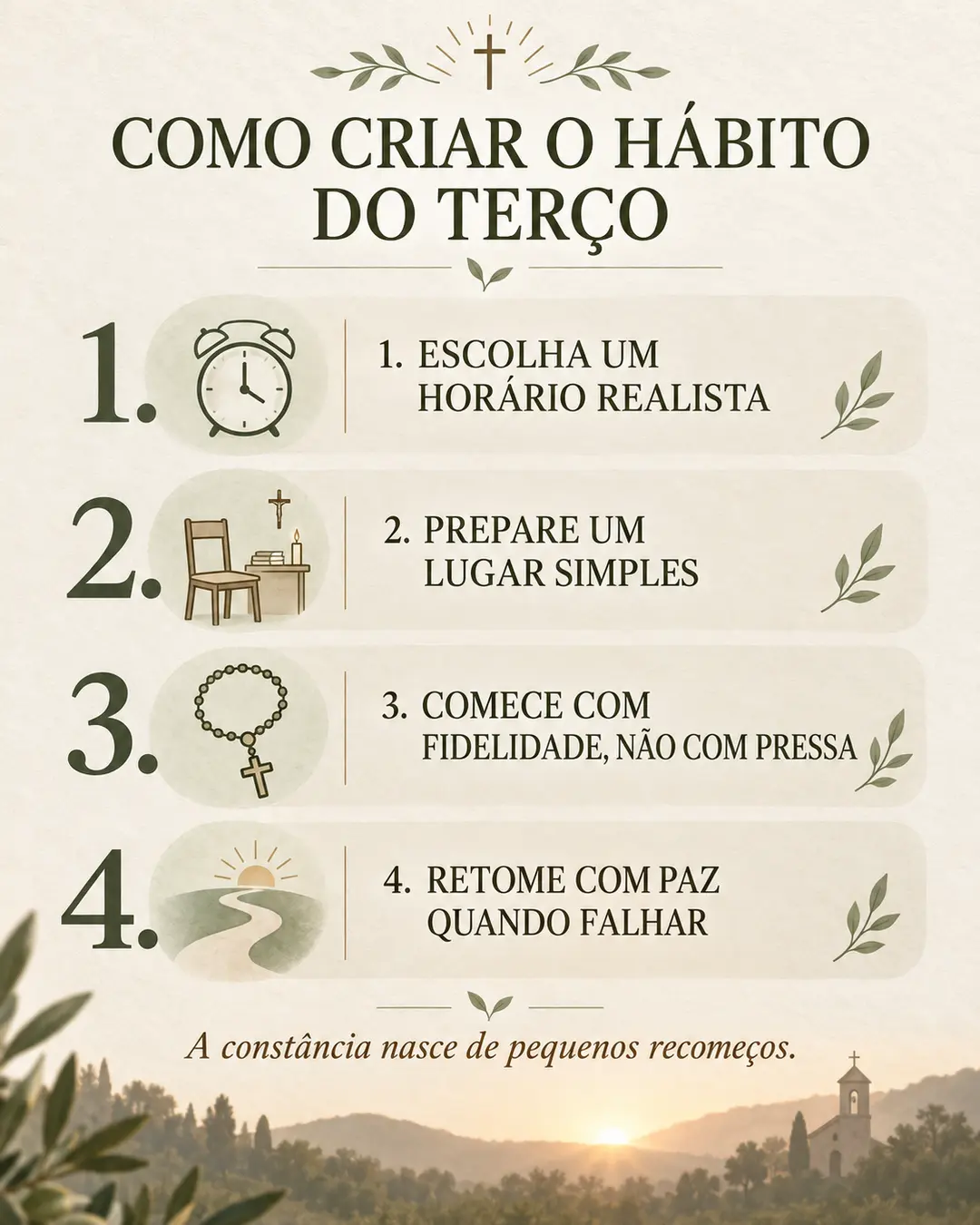 Quatro passos para criar o hábito diário do terço com horário realista, lugar simples, fidelidade e recomeço
