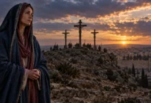 Nossa Senhora das Dores em contemplação diante do Calvário ao entardecer