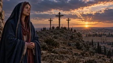 Nossa Senhora das Dores em contemplação diante do Calvário ao entardecer