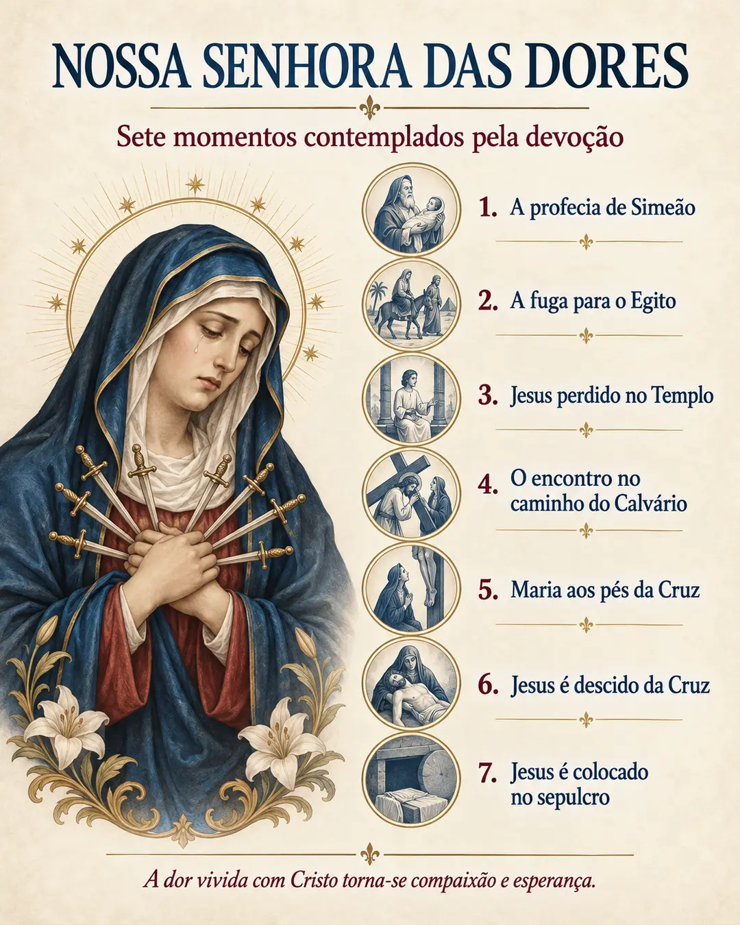 Infográfico com as Sete Dores de Nossa Senhora