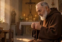 São Padre Pio e o Rosário Frade capuchinho idoso rezando o Rosário em uma capela iluminada pela luz da manhã