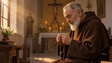 São Padre Pio e o Rosário Frade capuchinho idoso rezando o Rosário em uma capela iluminada pela luz da manhã