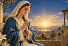 Virgem Maria em oração diante de uma paisagem iluminada ao amanhecer