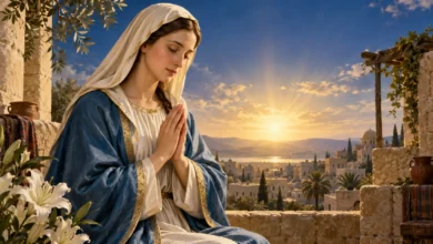 Virgem Maria em oração diante de uma paisagem iluminada ao amanhecer