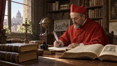 São Roberto Belarmino estudando a Escritura e a teologia em sua biblioteca